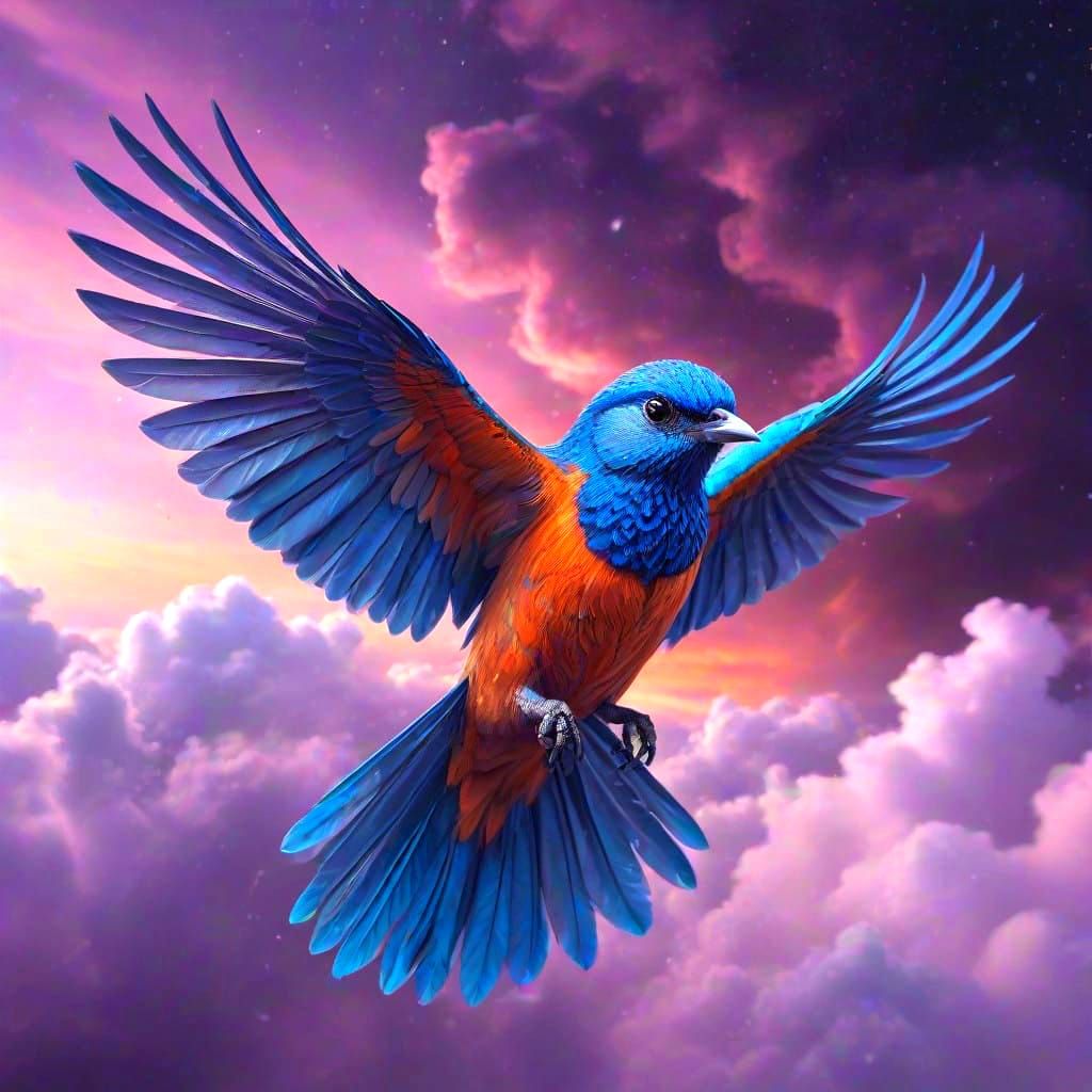 Electric Blue Bird in Cosmic Purple Clouds