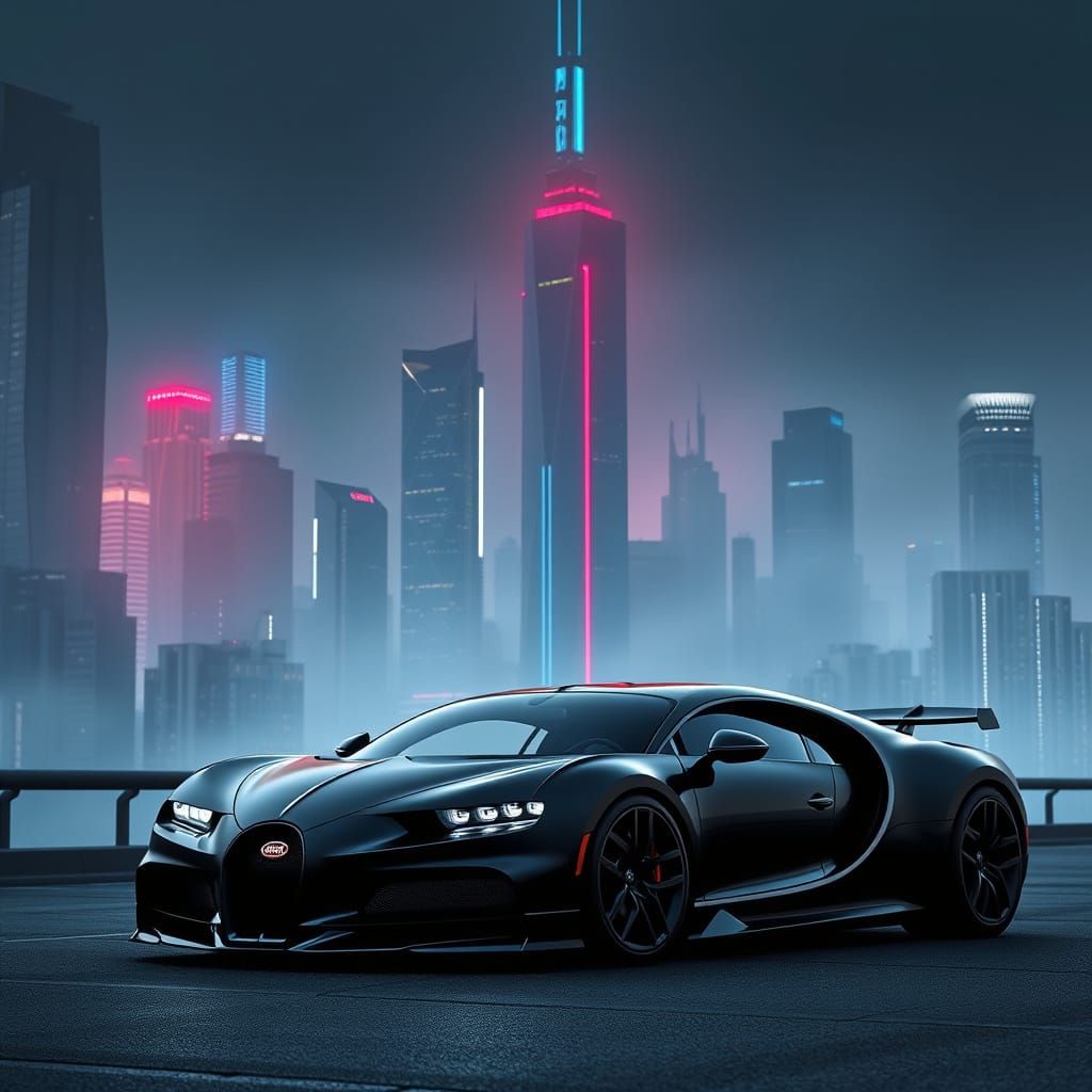 Sleek Bugatti Chiron in Neon Cityscape at Dusk in Cyberpunk ...