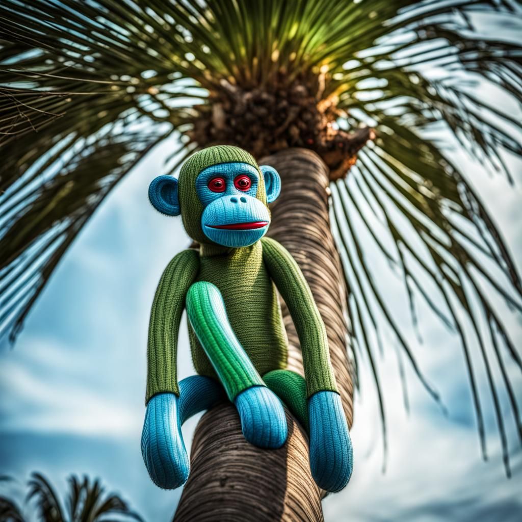 Hyperrealistic Sock Monkey in Palm Tree