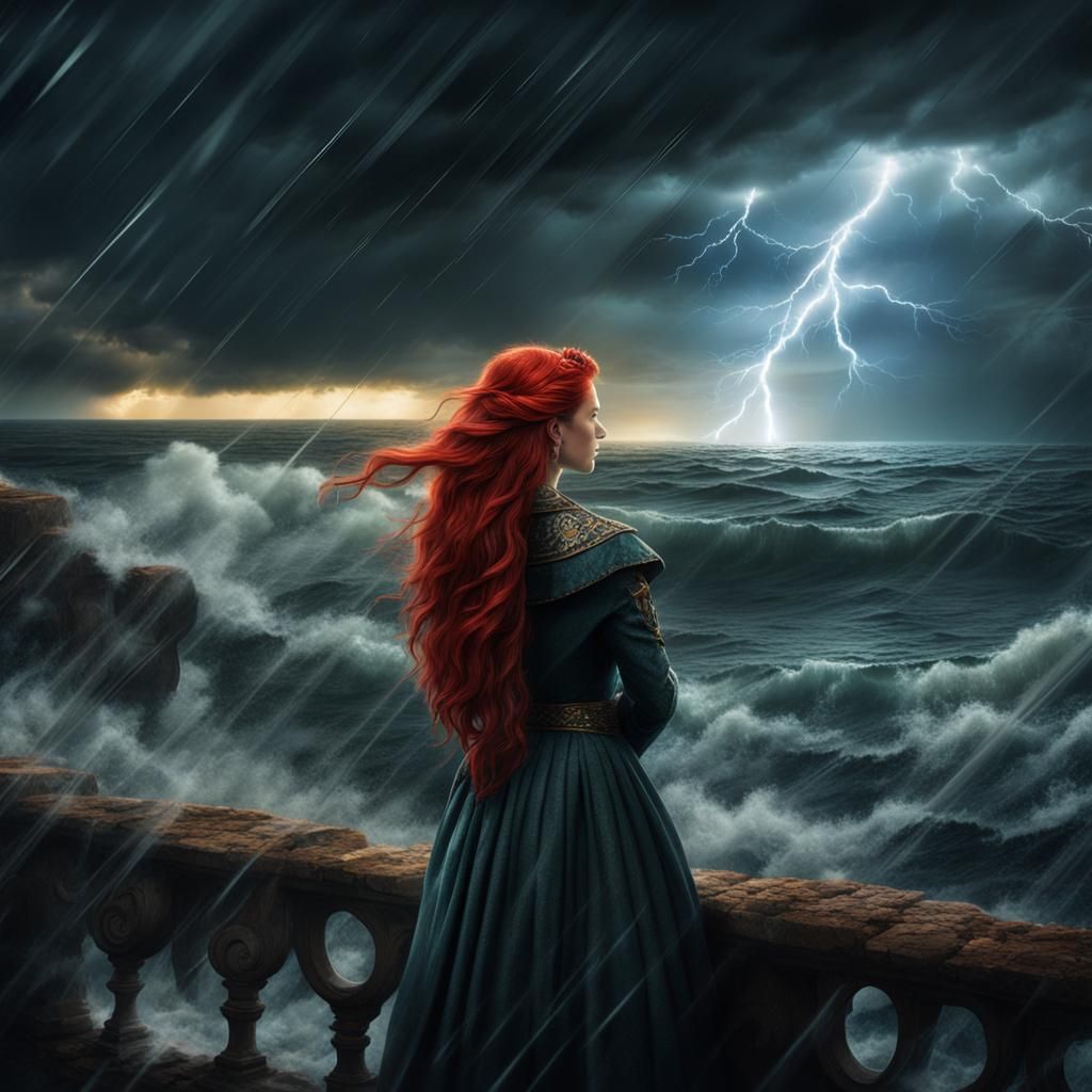 Redhead Princess Observes Stormy Ocean: Digital Matte Painti...