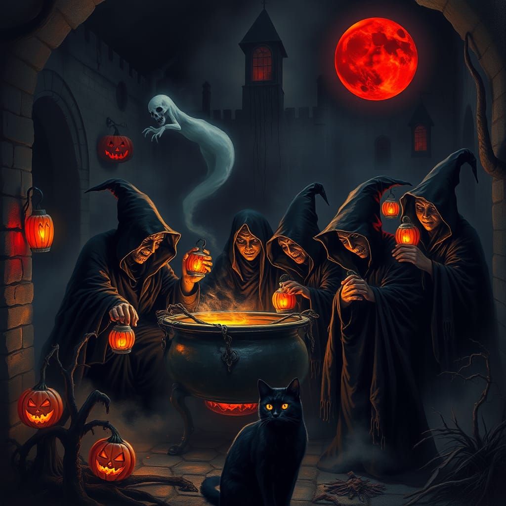 Witches' Coven Spellcasting in Haunted Halloween Mansion
