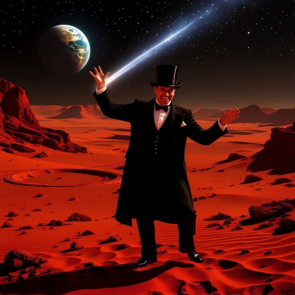 Mars Landscape with Dapper Man Under Starry Sky