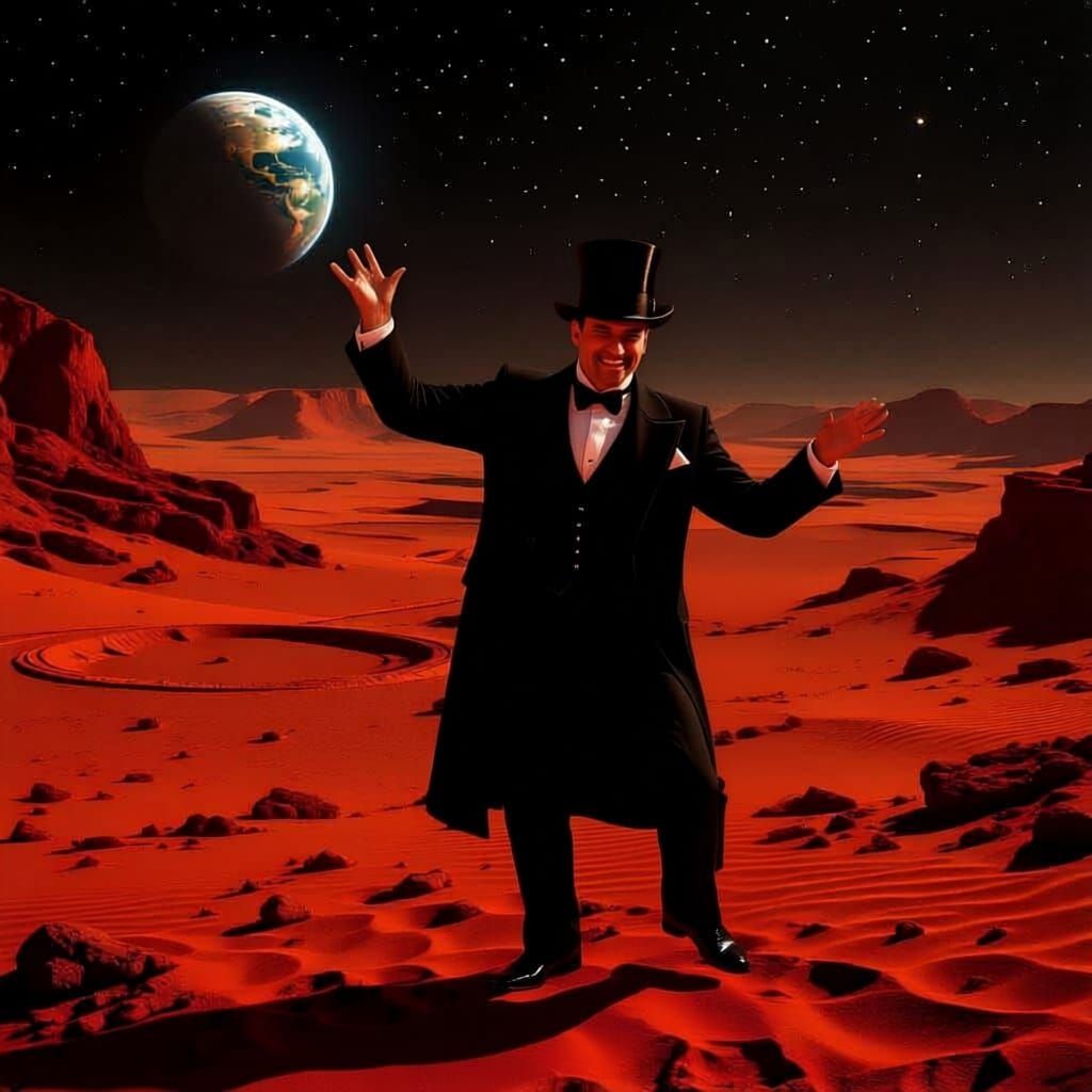 Man in Top Hat Grins on Dark Martian Landscape