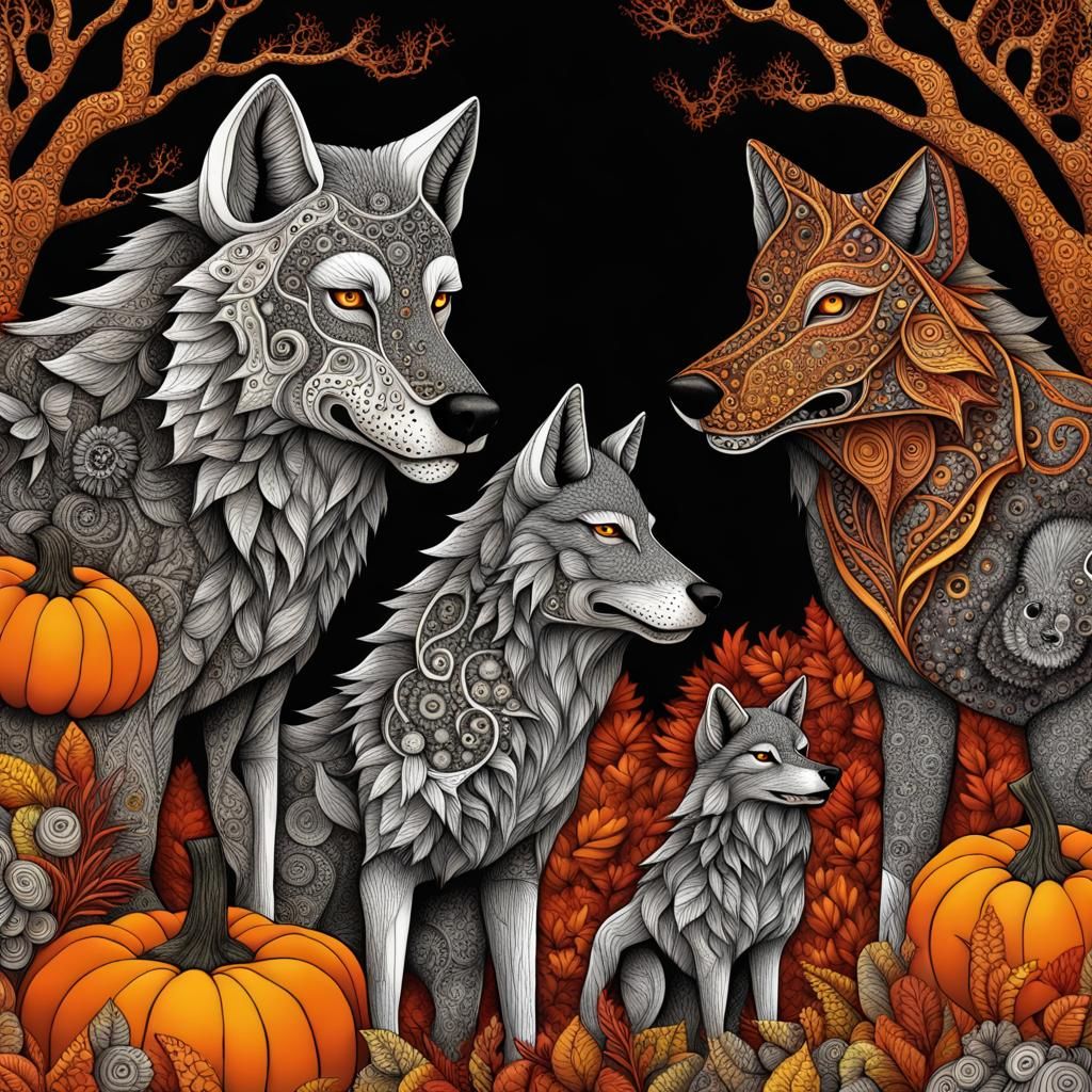 Halloween Wolf Family in Abstract Pointillism Style