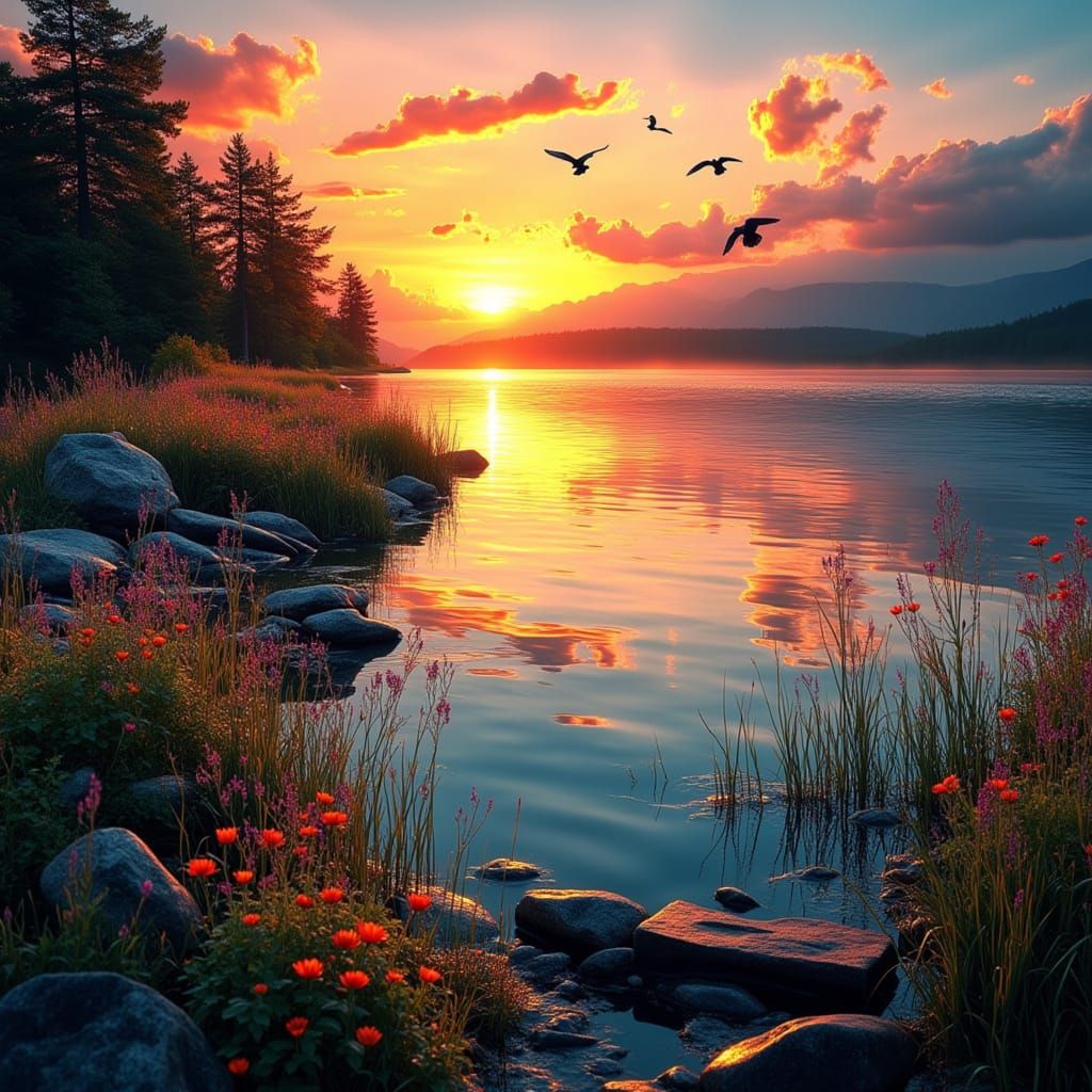Vibrant Sunset Over Lake with Birds and Wildflowers