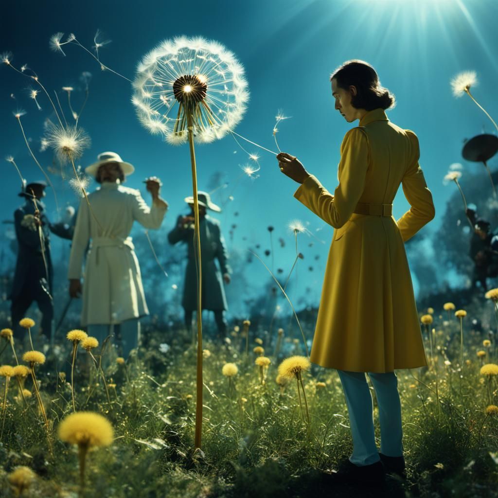 Surreal Battle Around a Dandelion, in Surrealist Style