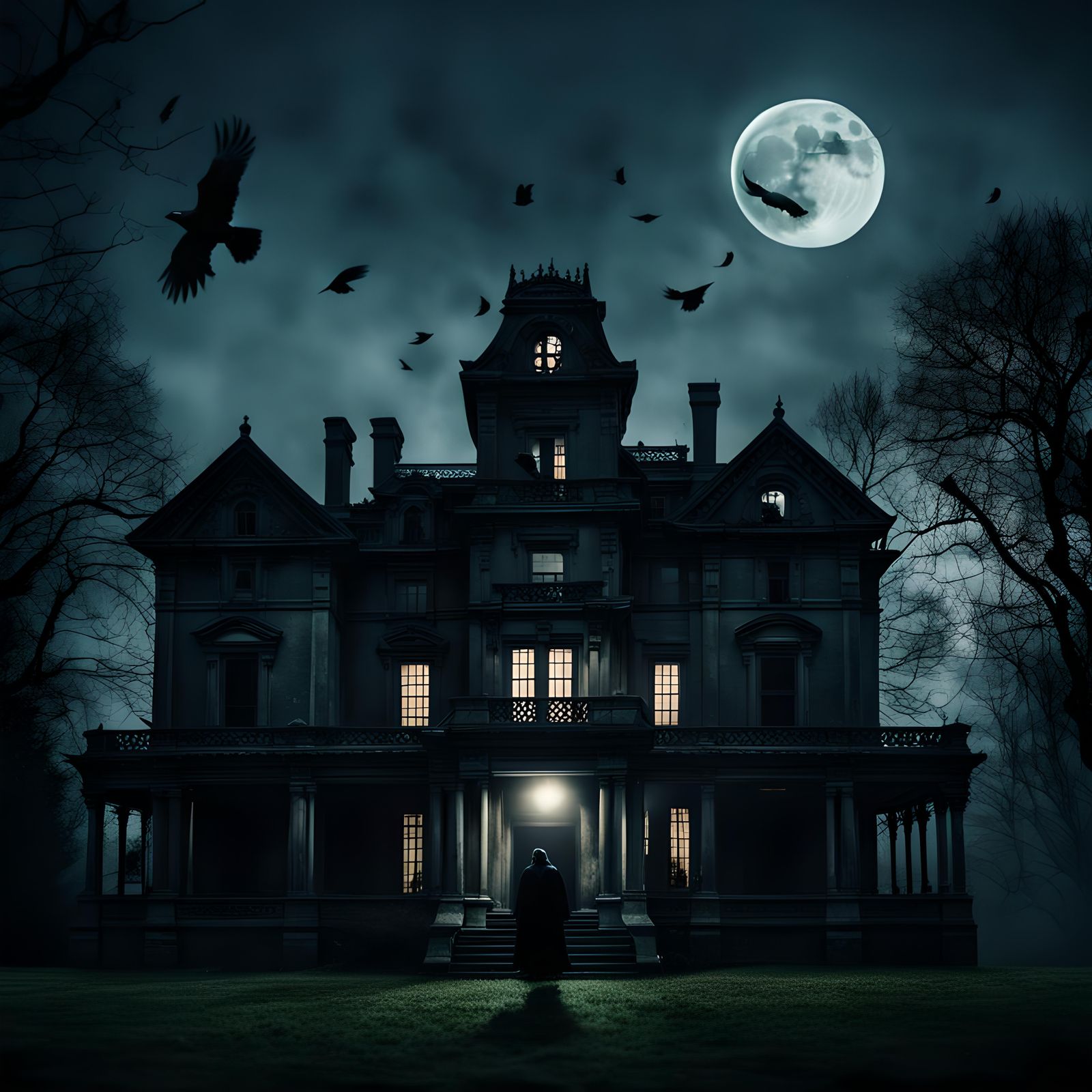 Eerie Mansion with Crows in Moody Lighting