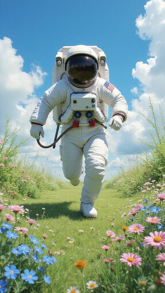 Whimsical Astronaut in a Lush Floral Meadow