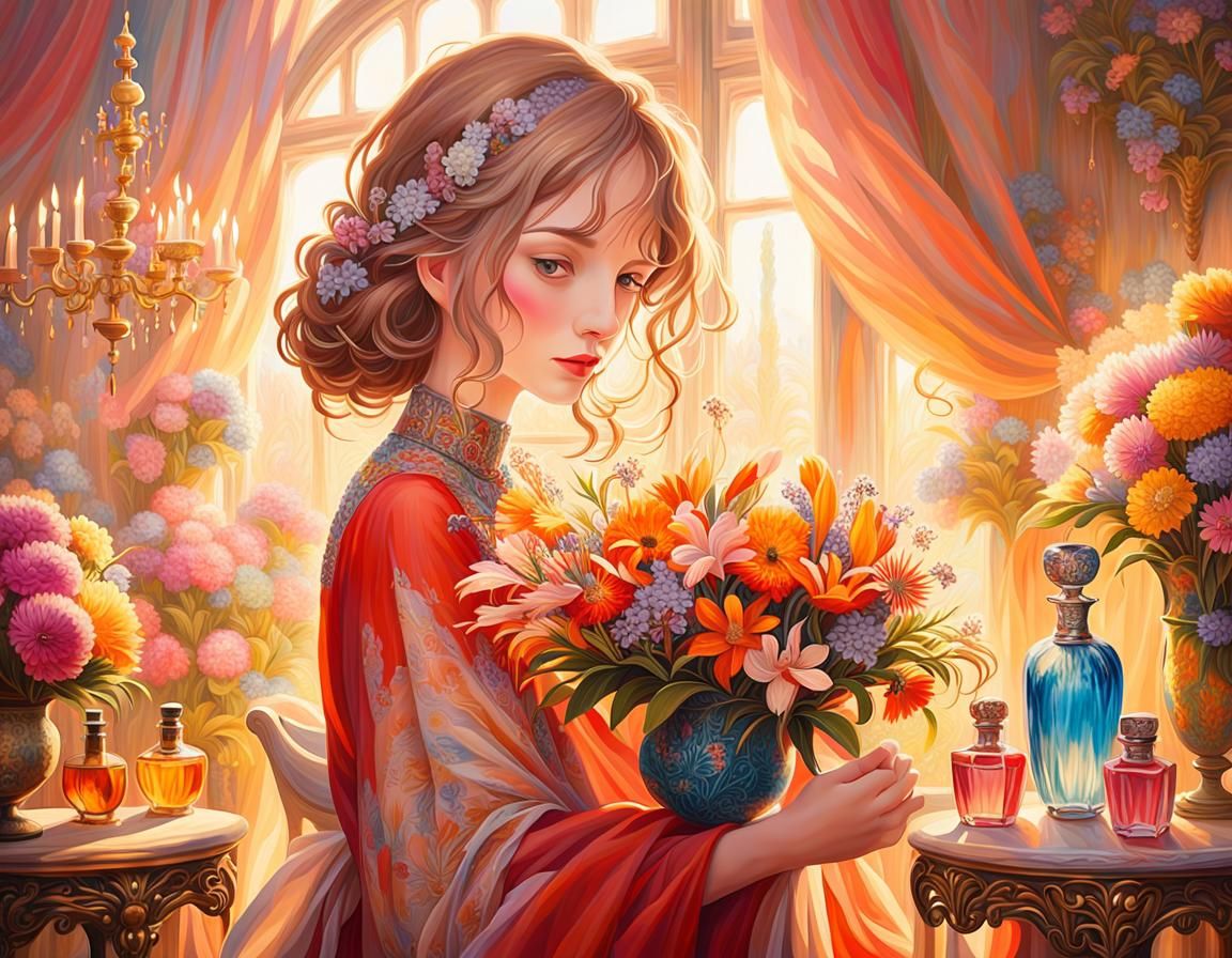 Woman with Fragrances in Impressionist Oil Painting