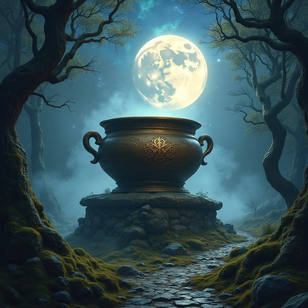 Surreal Celtic Cauldron Glows Under Starry Moonlit Forest