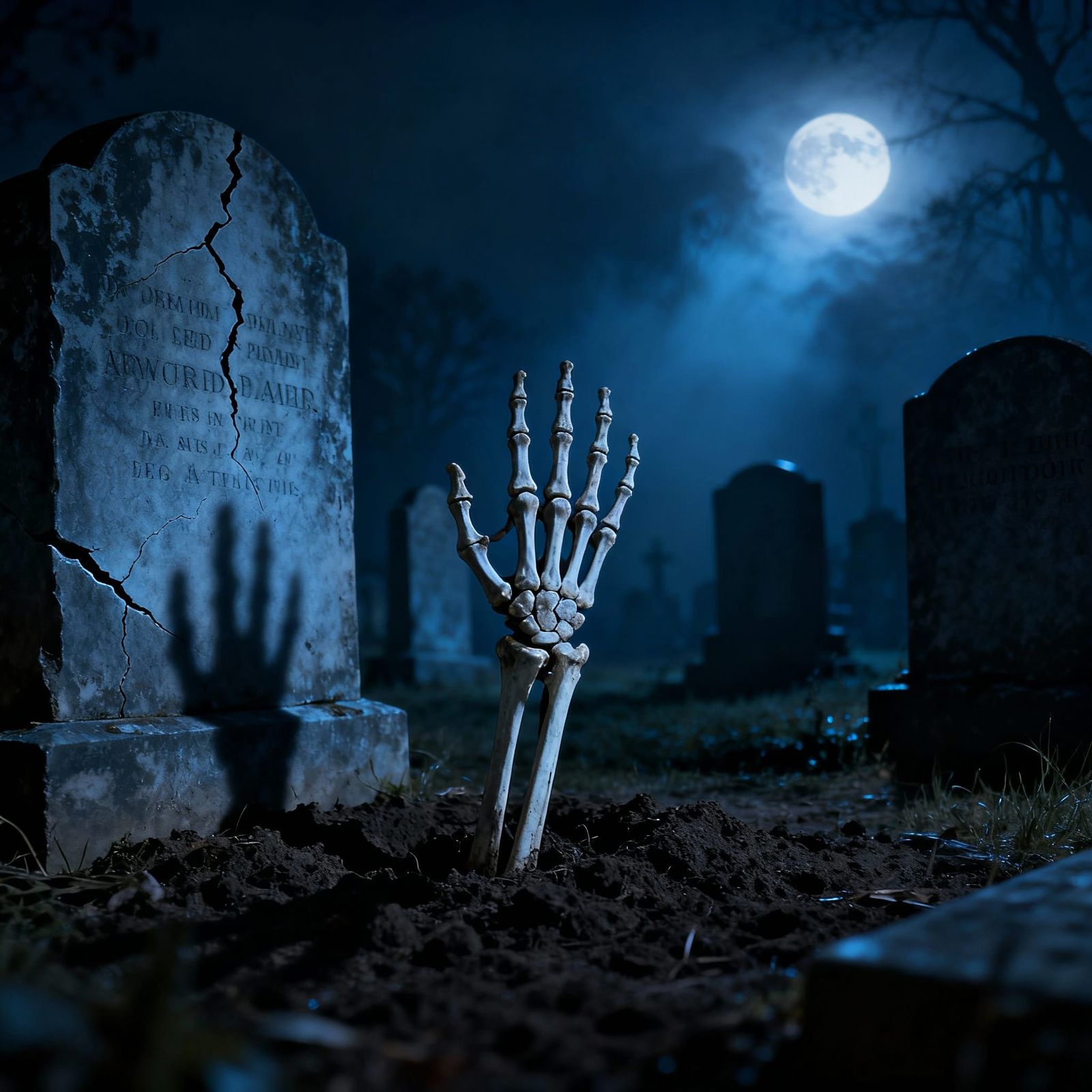 Skeleton Hand Rises From Cemetery Tombstones Under Moonlight