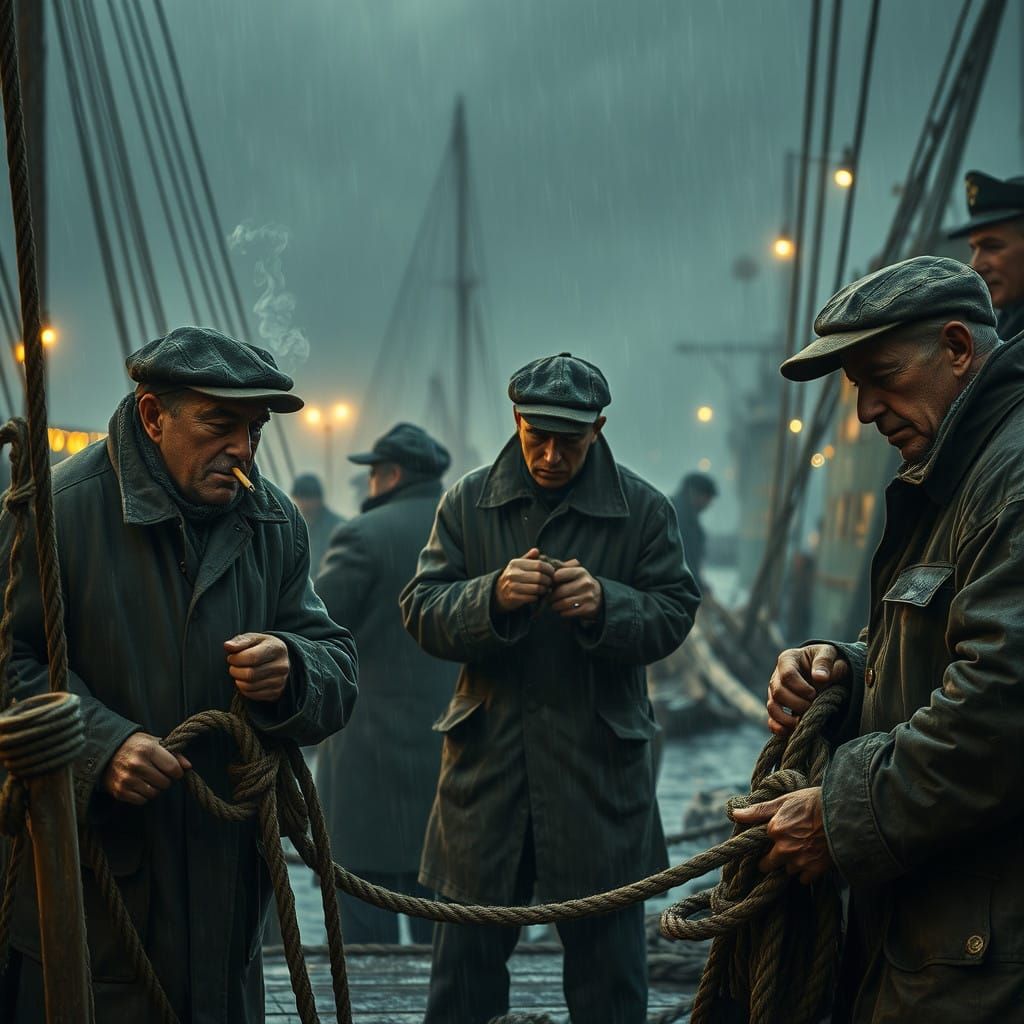 Dockworkers toil in Rainy Harbor, Golden Glow Fading