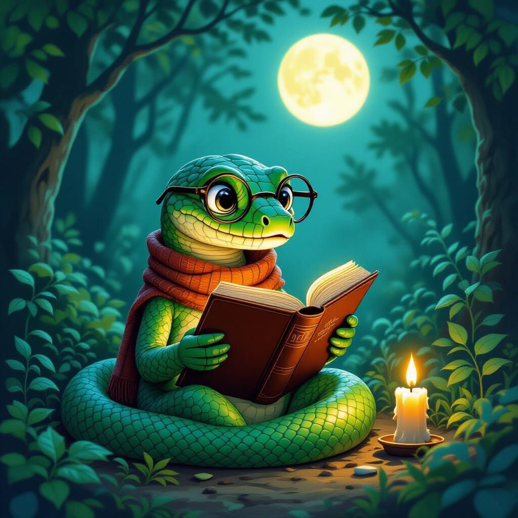 Snake Reads Book by Candlelight in Magical Forest