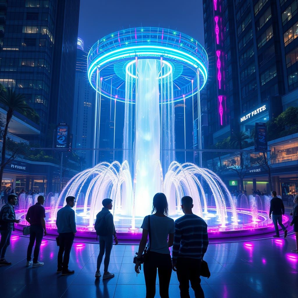 Futuristic Cyberpunk Square at Night with Digital Fountain