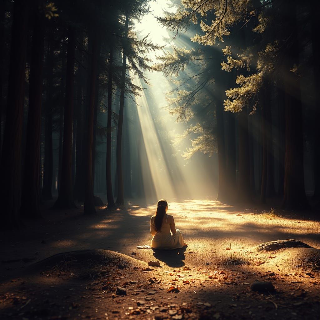Woman in Forest Clearing with Sunlight, Digital Art