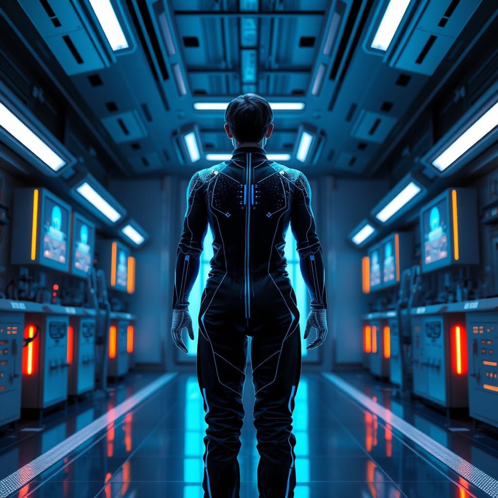Holographic Figure in Futuristic Laboratory