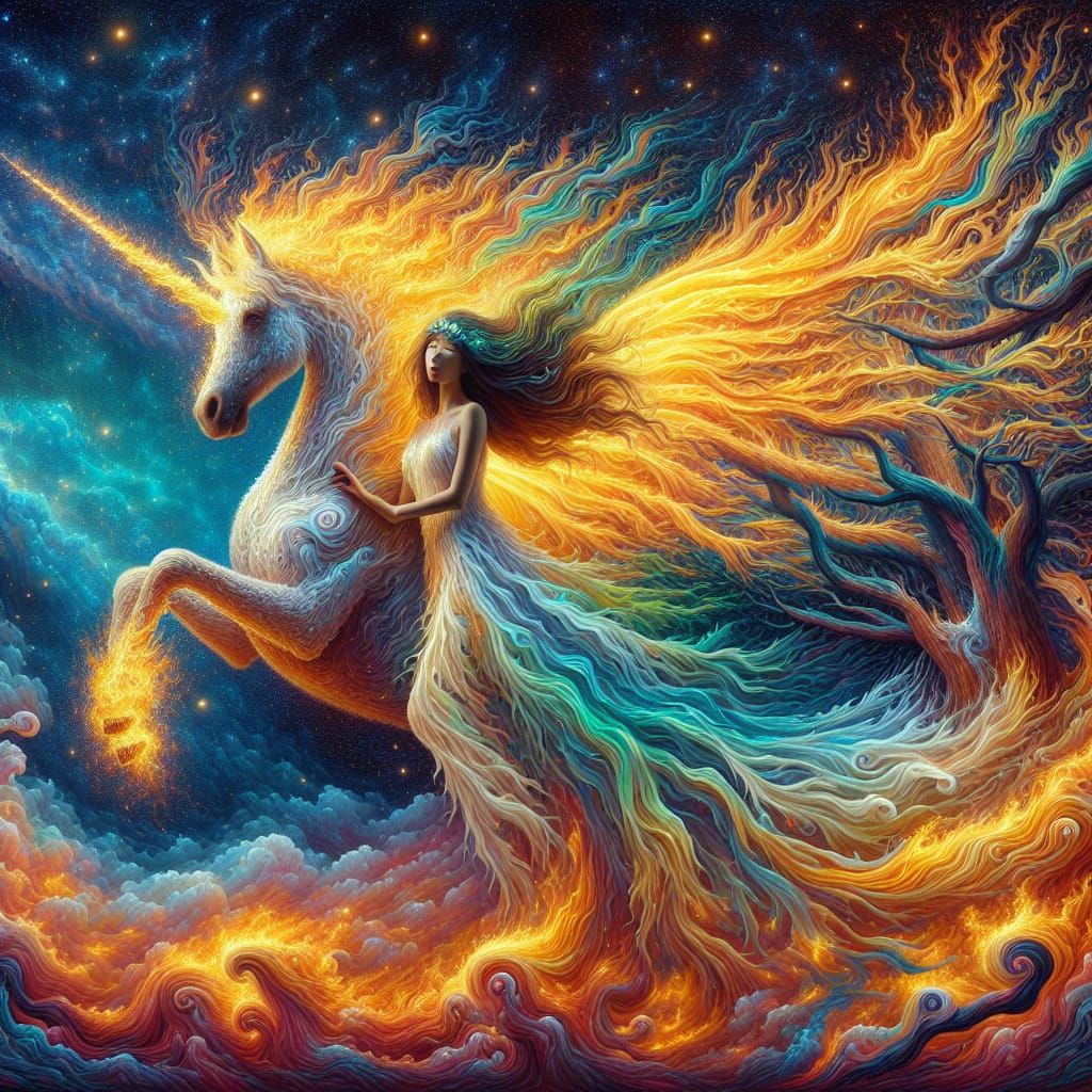 Fiery Winged Unicorn Emerges with Fairy