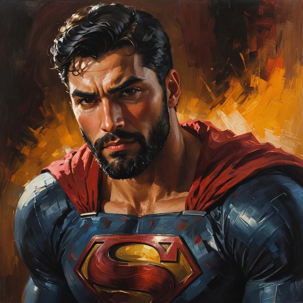 Bearded Superman Portrait in Impressionist Oil Painting