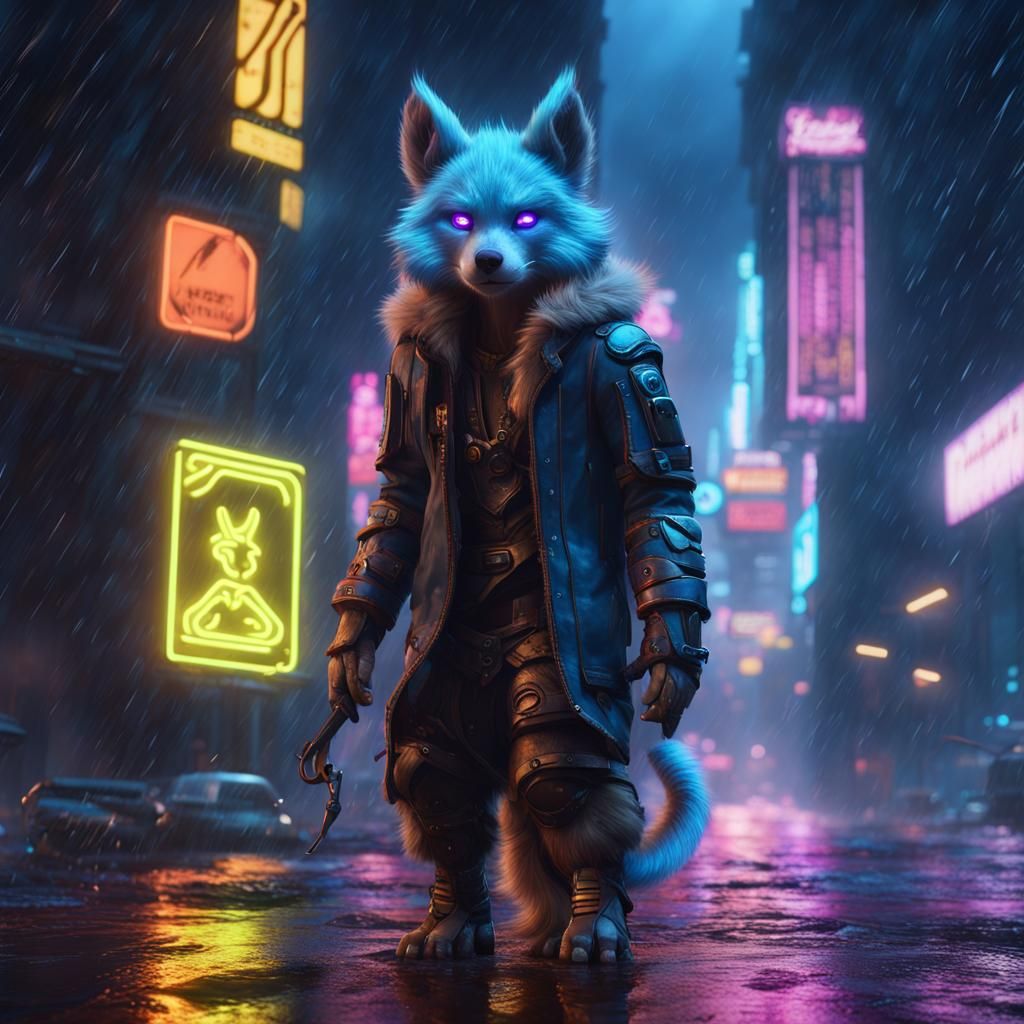Furry Protogen in Neon Cityscape: Detailed Art