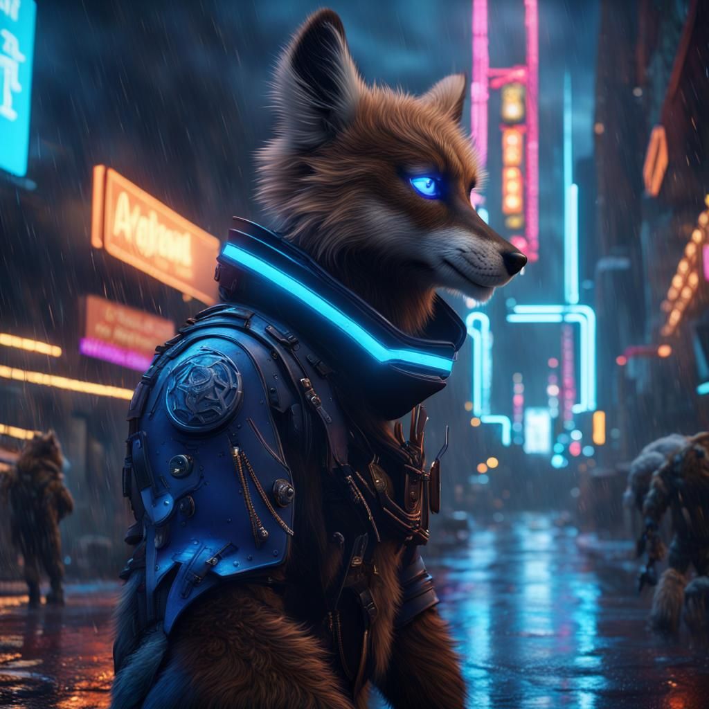 Furry Protogen in Rainy City with Neon Lights