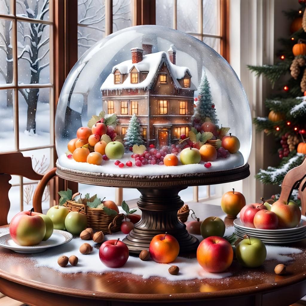 Festive Snow Globe with Frozen Fruit, 3D Render