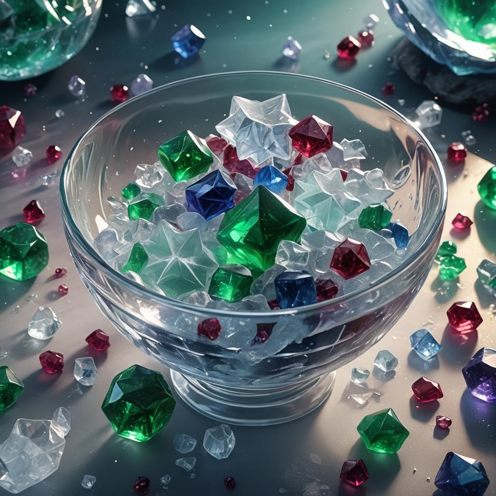 Gemstone Ice Stars Falling into Glass Bowl