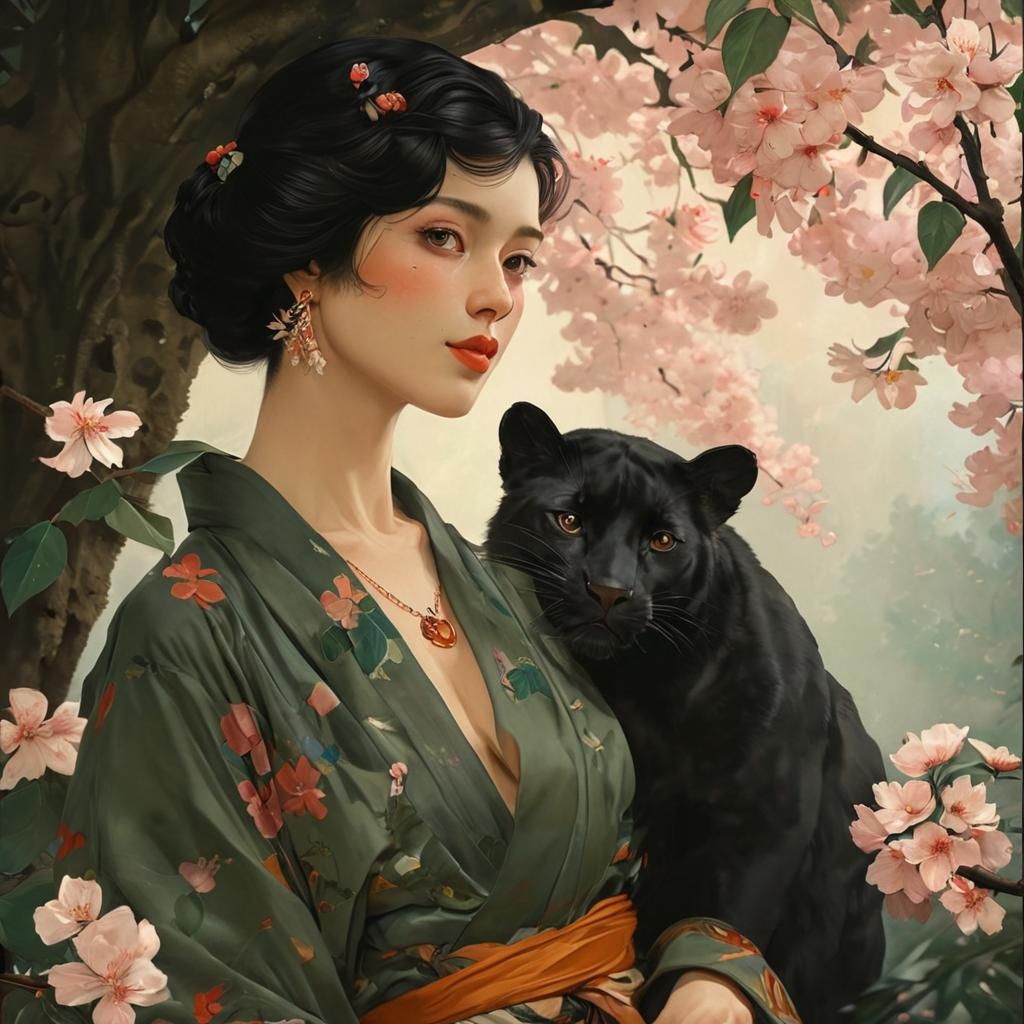 Panther in Kimono Among Cherry Blossoms