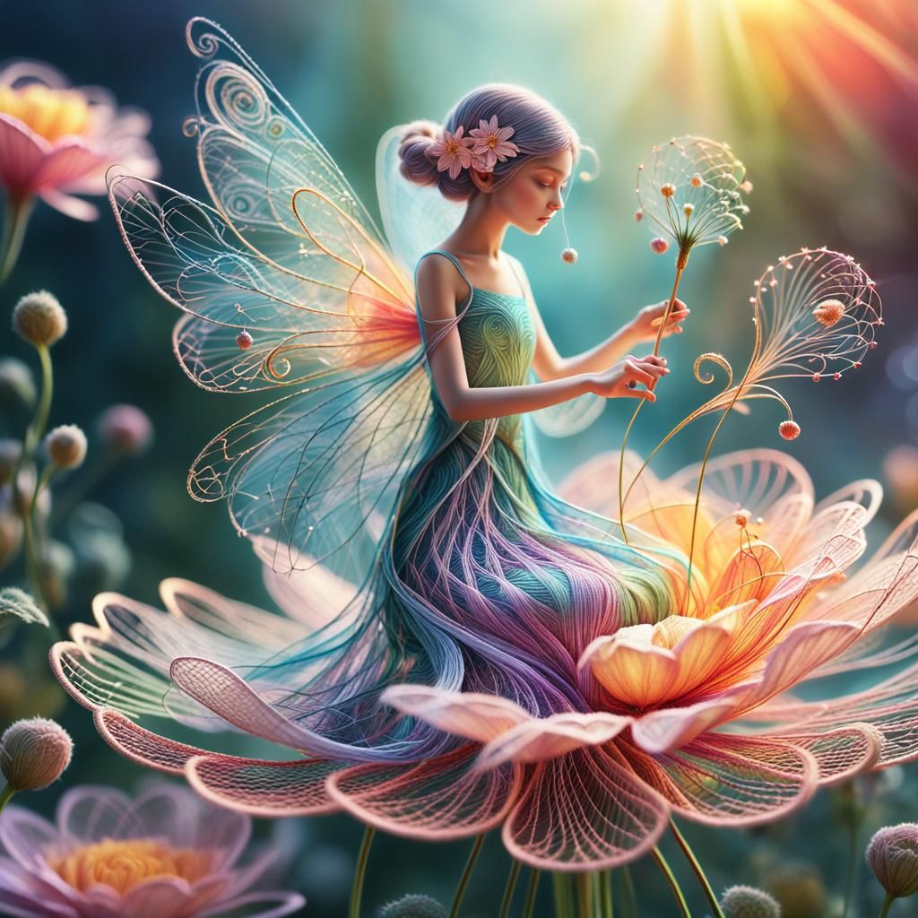Thread Fairy on Woven Flower: Vibrant Digital Art