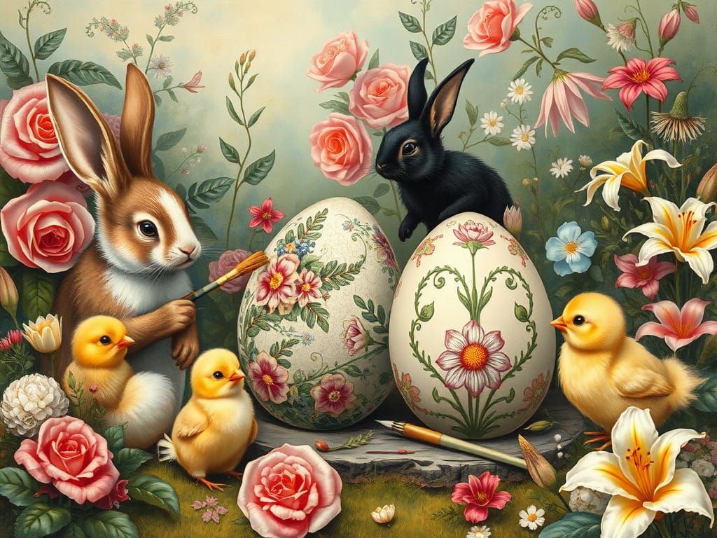 Easter Bunnies Painting Eggs in Vintage Gouache Style