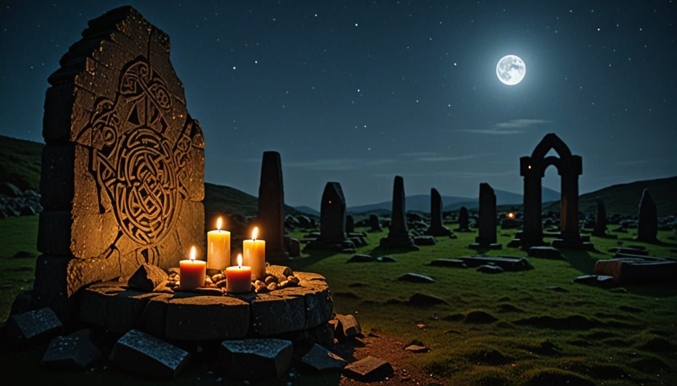 Ancient Celtic Burial Altar Under Moonlit Skies