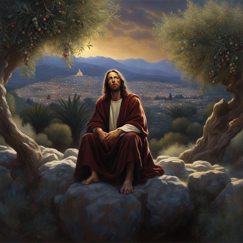 Jesus in Olive Grove: Hyperrealistic Matte Painting
