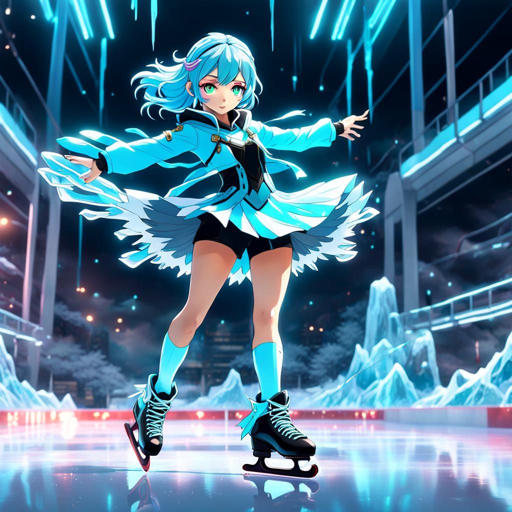 Anime Ice Skater in Neon Lights