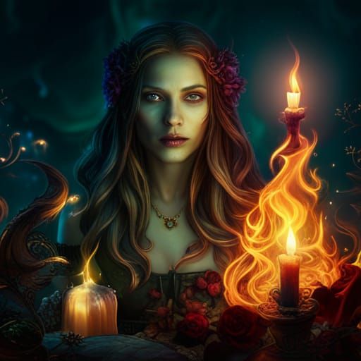 Pretty Witch with Green Candle, Matte Painting