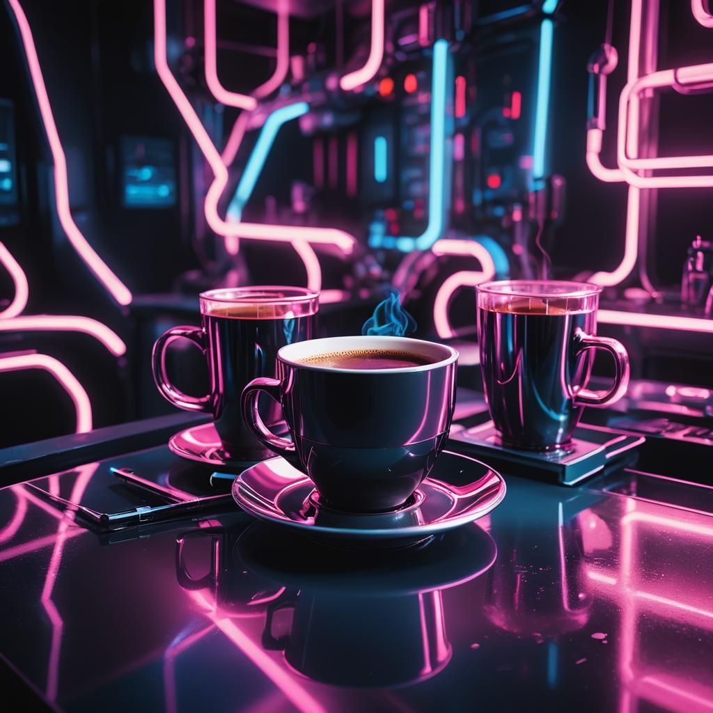 Cyberpunk Coffee Still Life with Neon Lights