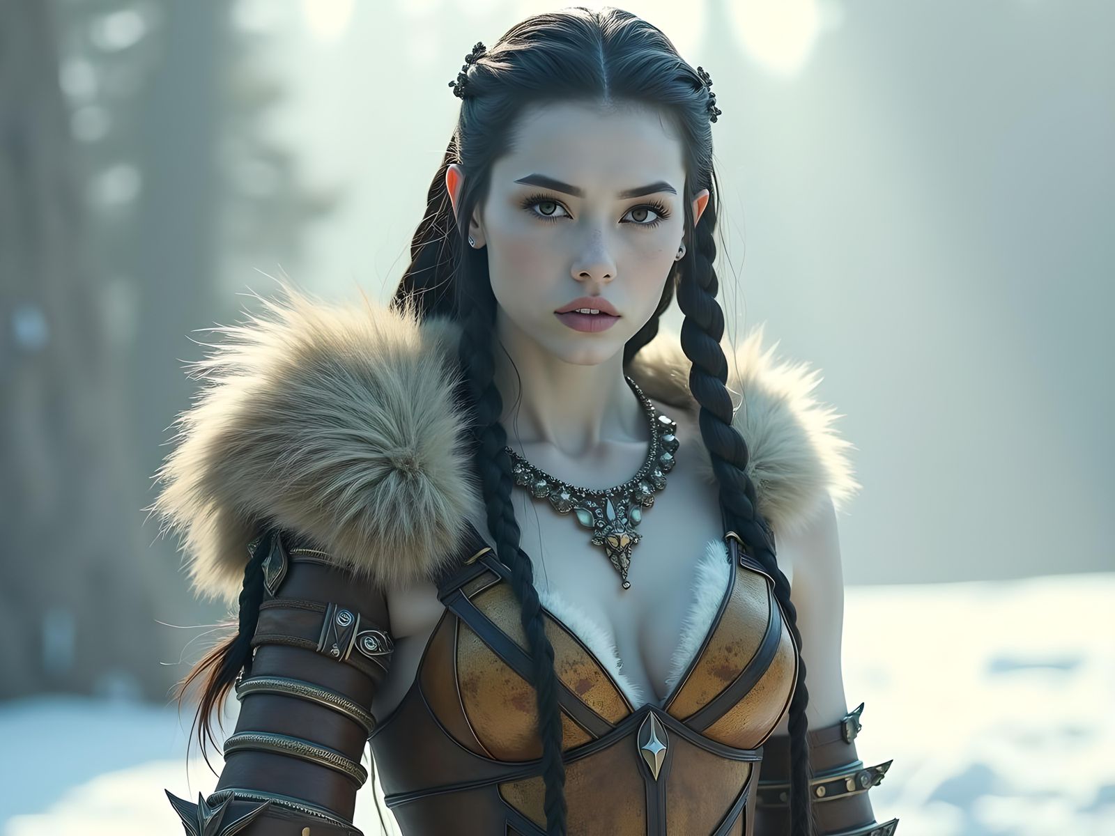 Strong Woman with Braids, Fur, and Armor