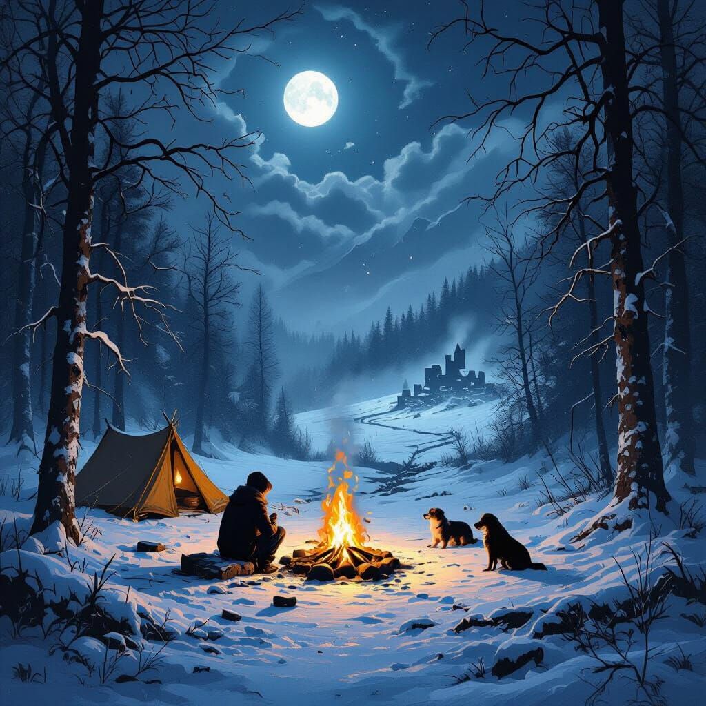 Snowy Mystical Forest at Night with Campfire and Figure