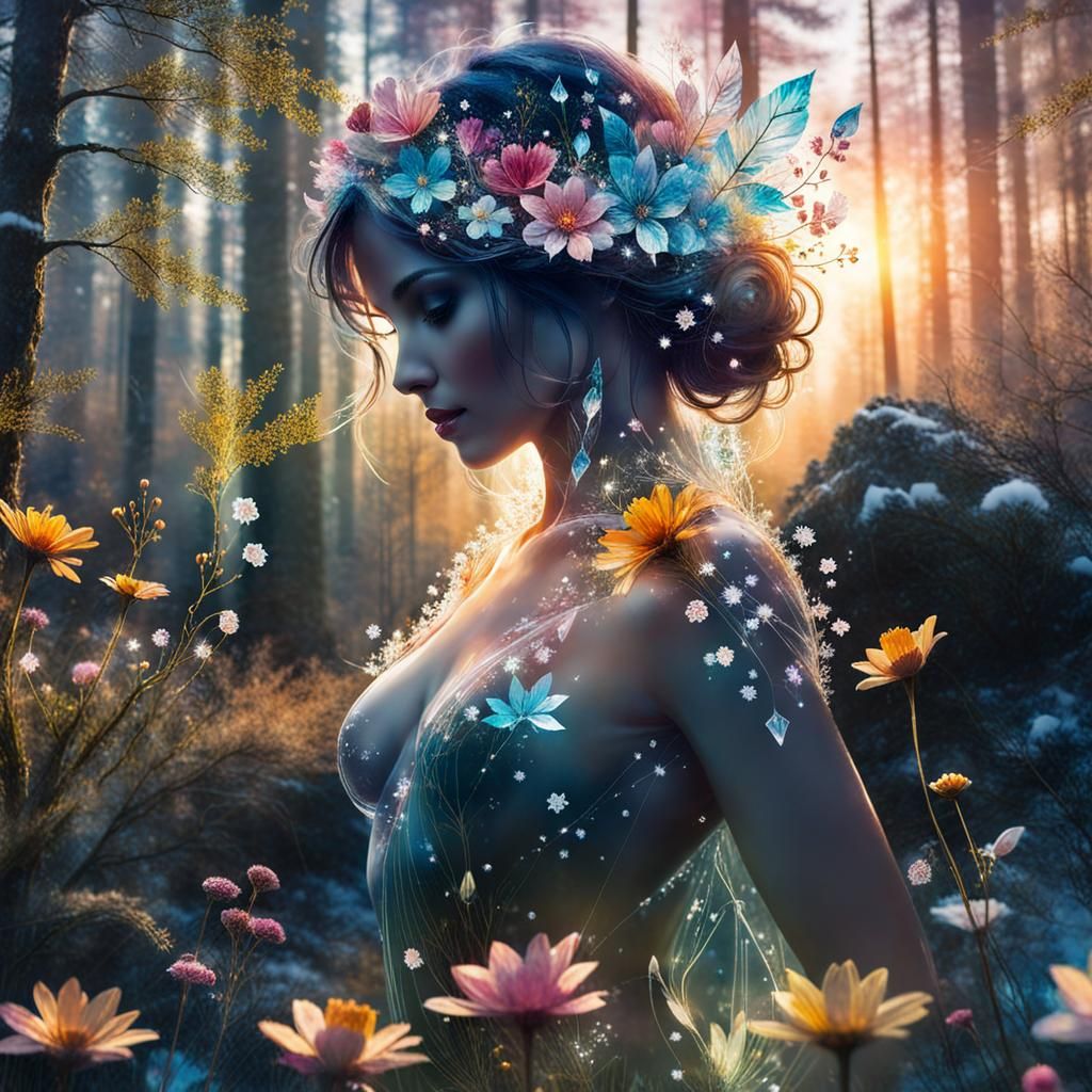 Ethereal Floral Woman in Snowy Landscape