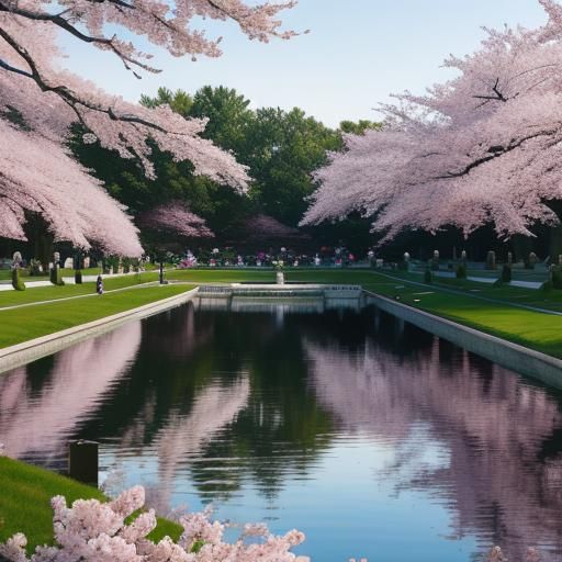 Cherry Blossoms Reflecting Pool, Hyperrealistic High Definit...