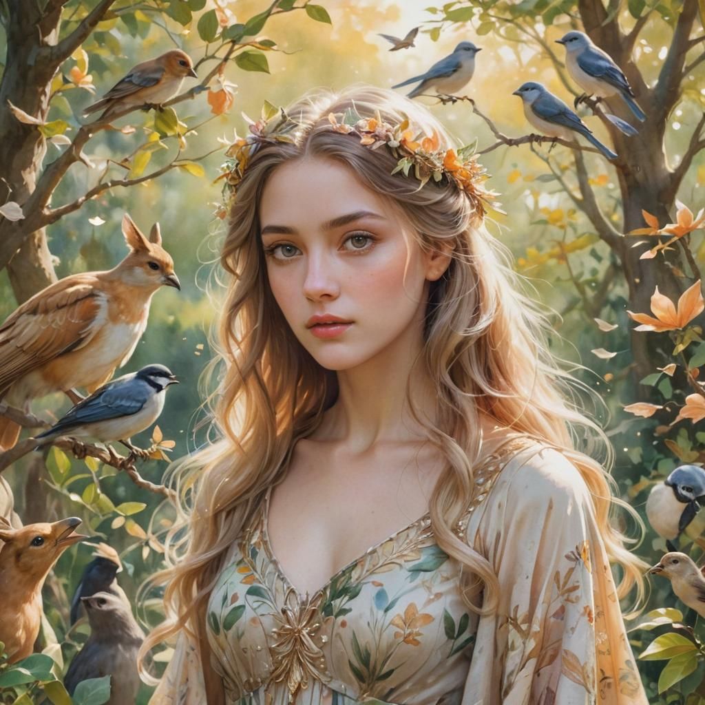 Enchanting Forest Goddess in Watercolor Style