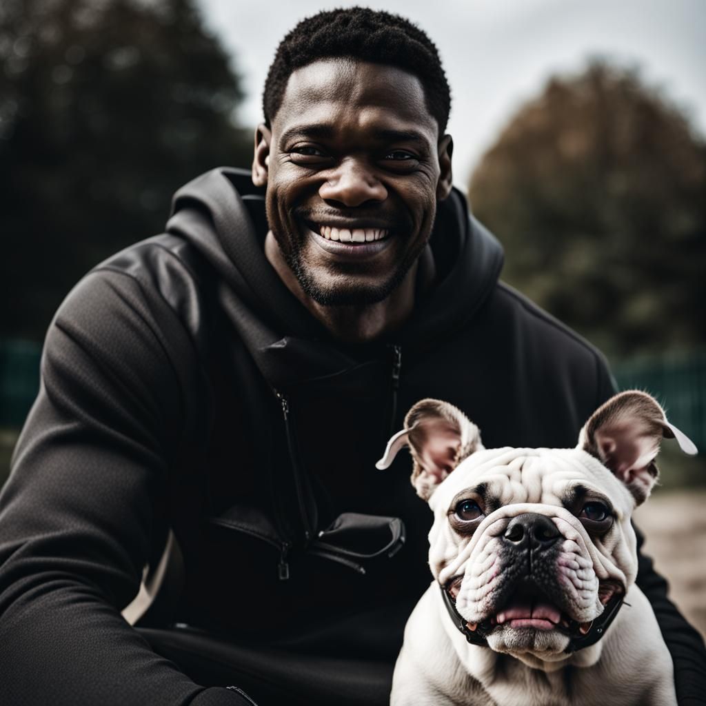 Smiling Man and Bulldog Jogging in Park