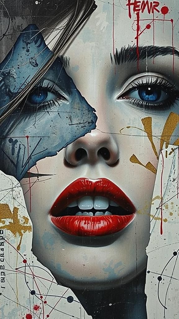 A woman's face, softly focused, facial features subtle, laye...