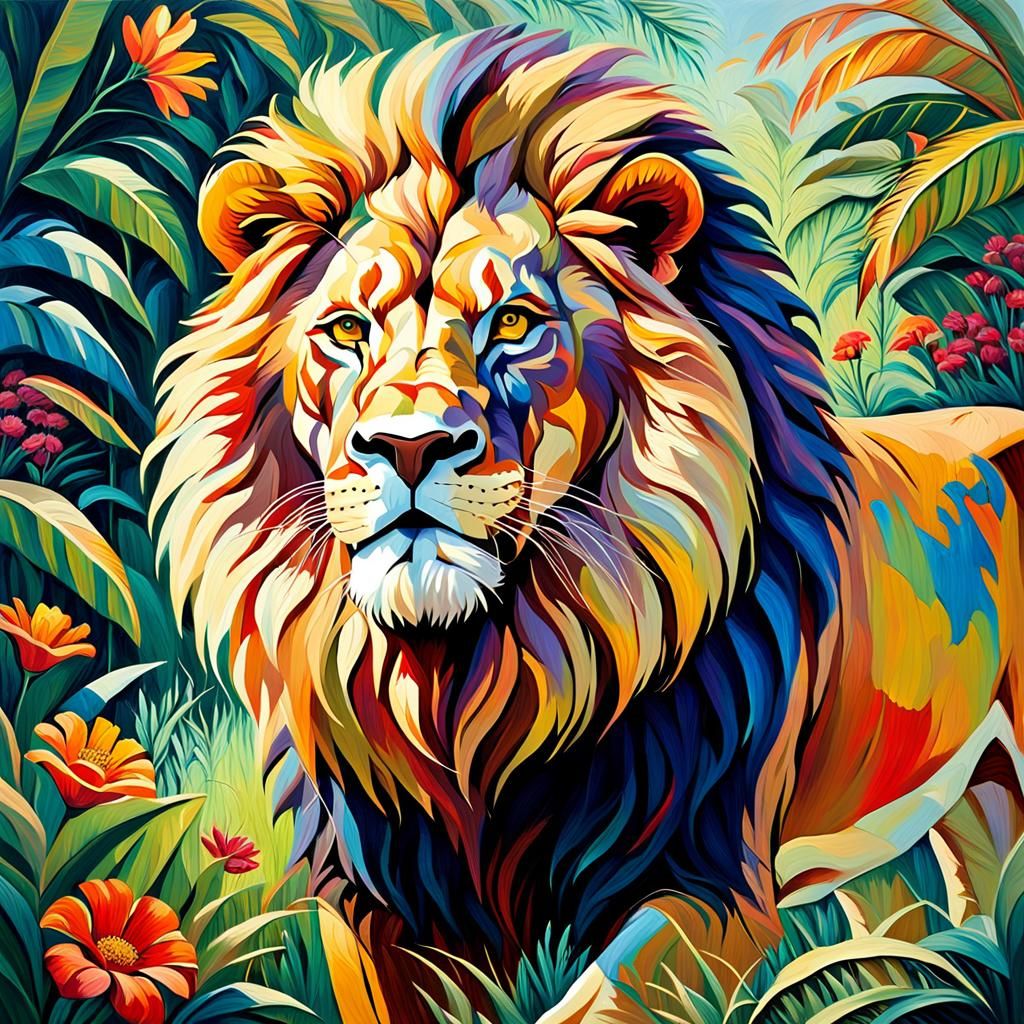 Majestic Lion in Neo-Impressionist Savannah Painting