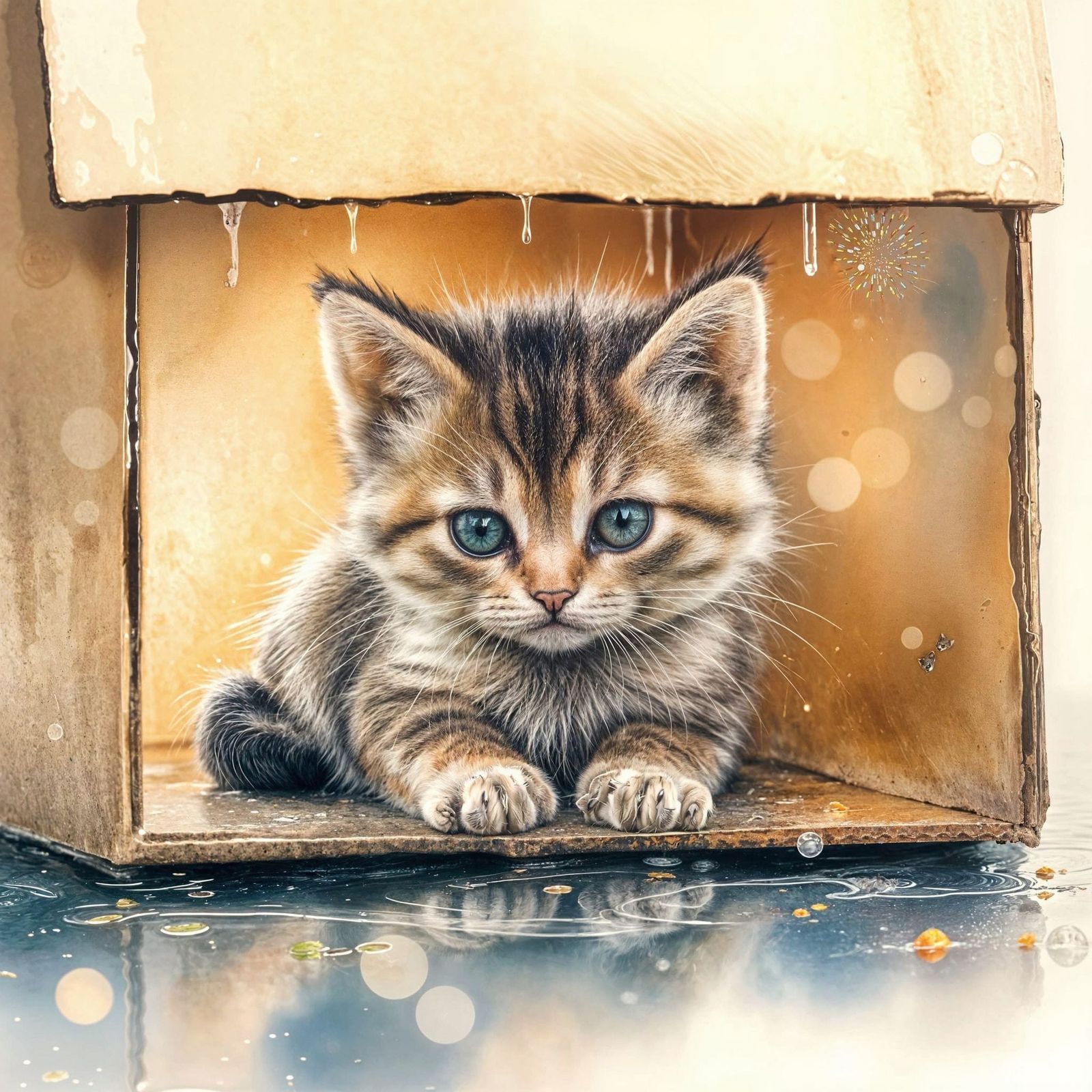 Watercolor Kitten Hiding from Rain with Gold Leaf