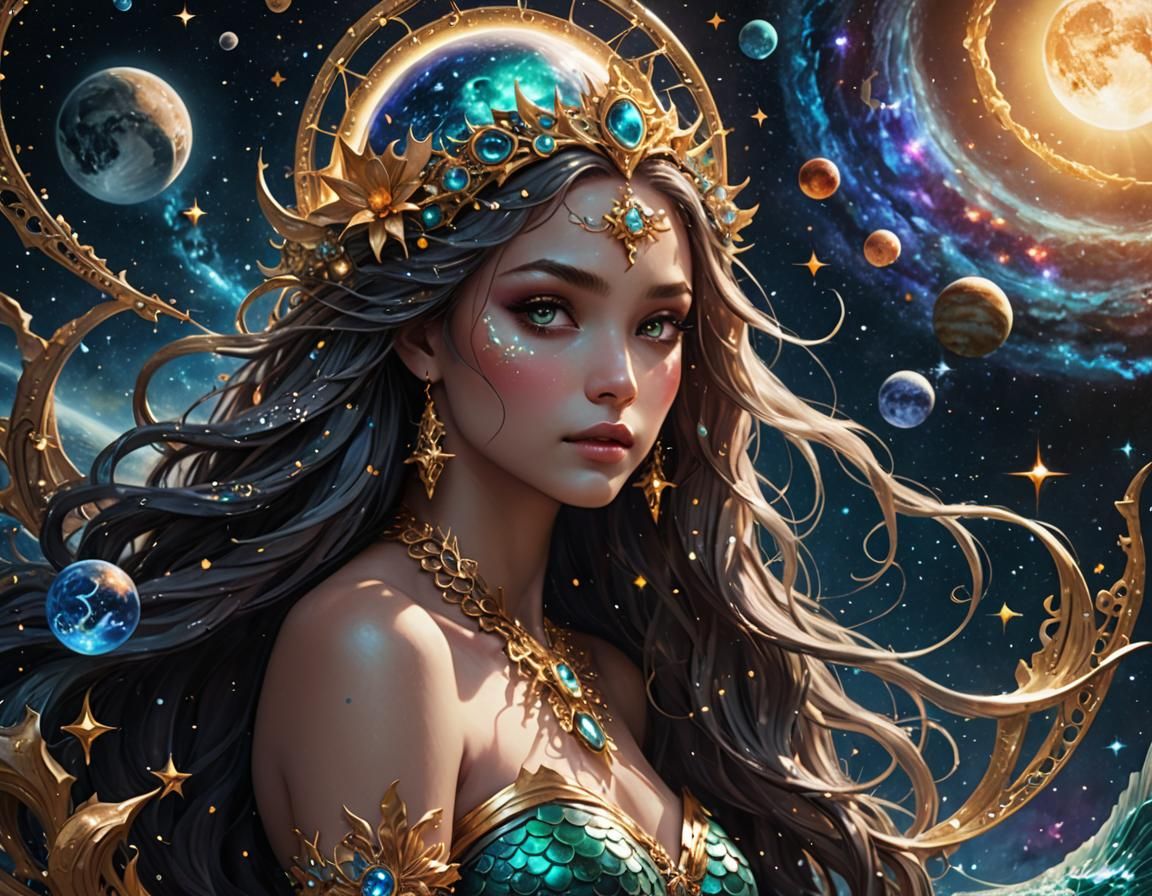 Create in the foreground a very beautiful Space Mermaid Godd...