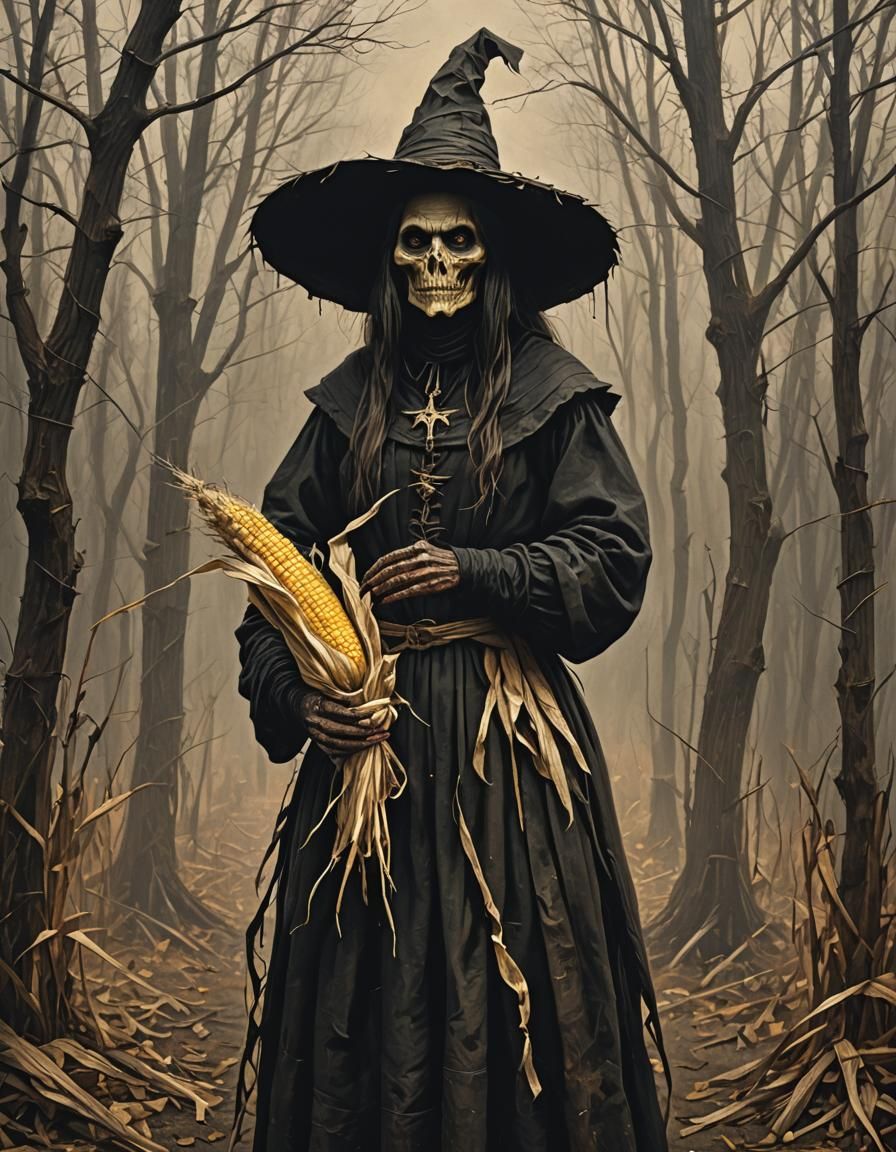 Sinister Salem Witch with Corn Husk Effigy