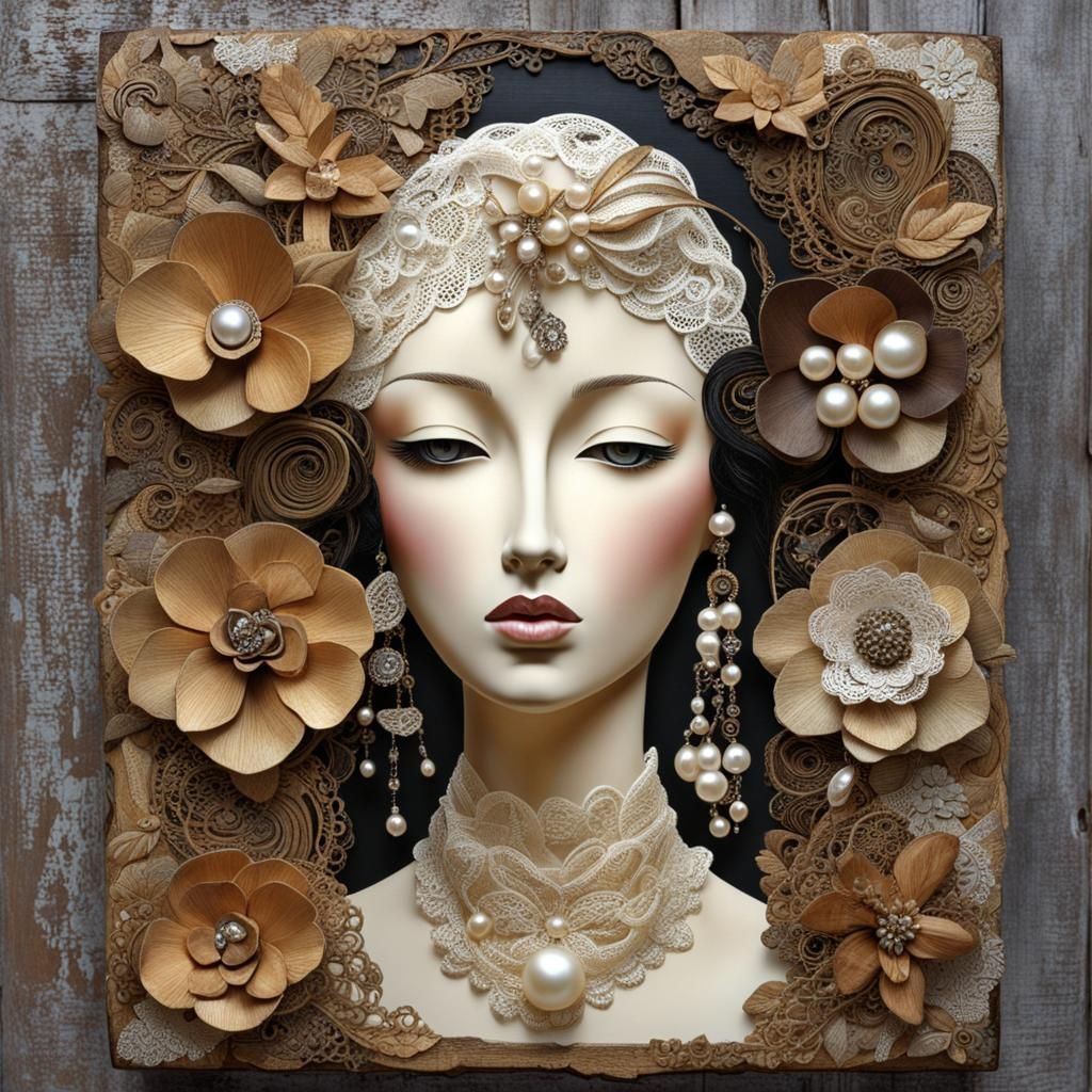 Mixed Media Portrait Collage with Wood and Lace