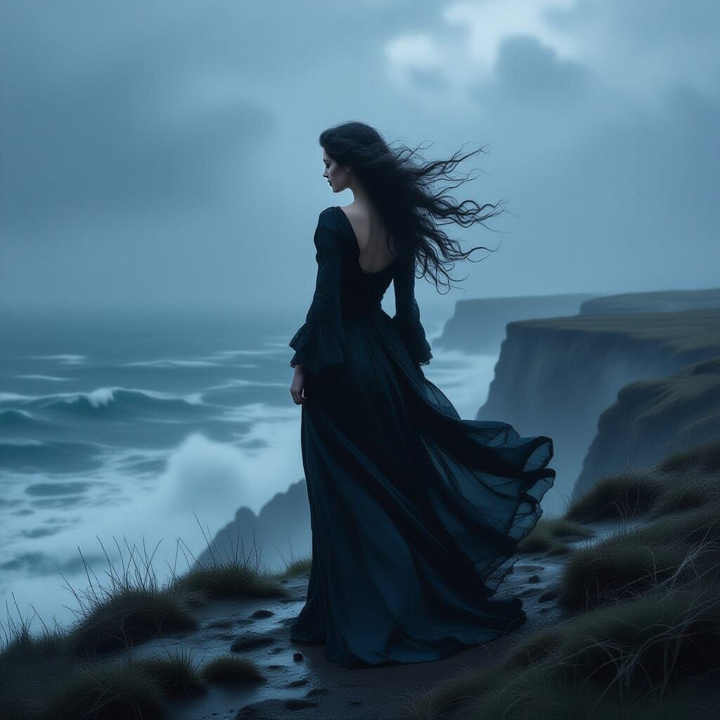Ethereal Woman on Windswept Cliff Overlooking Stormy Sea