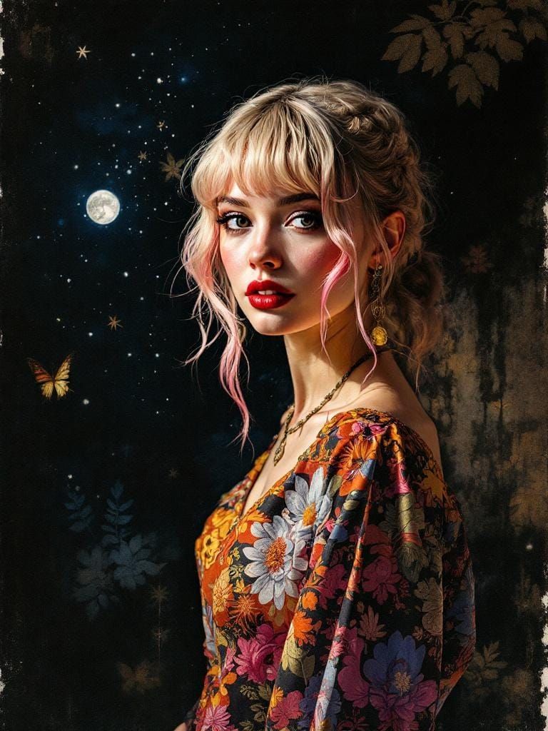 Pin-Up Woman in Batik, Rembrandt Lighting, Blake Linework