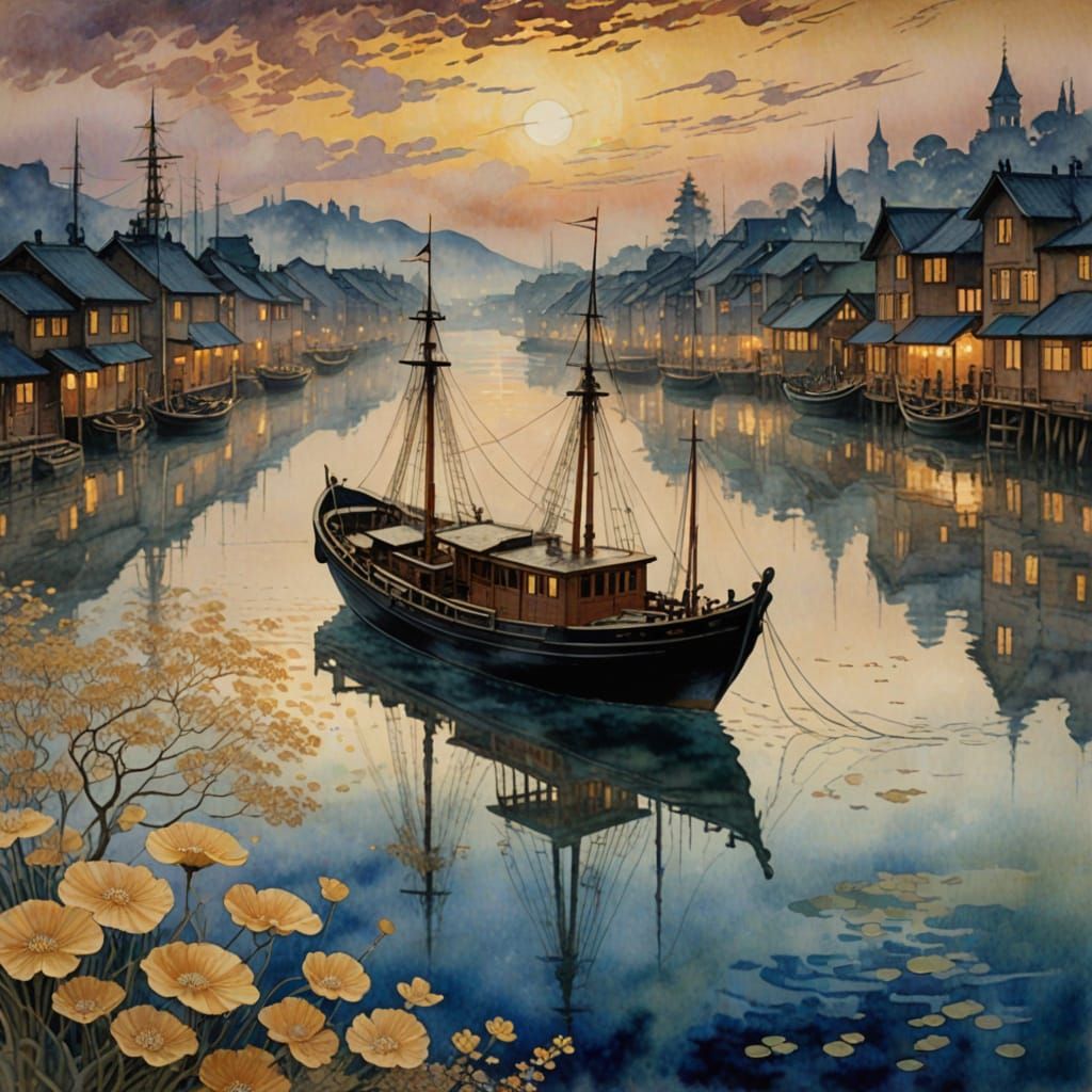 Ethereal Harbor Scene in Whimsical Watercolor Style