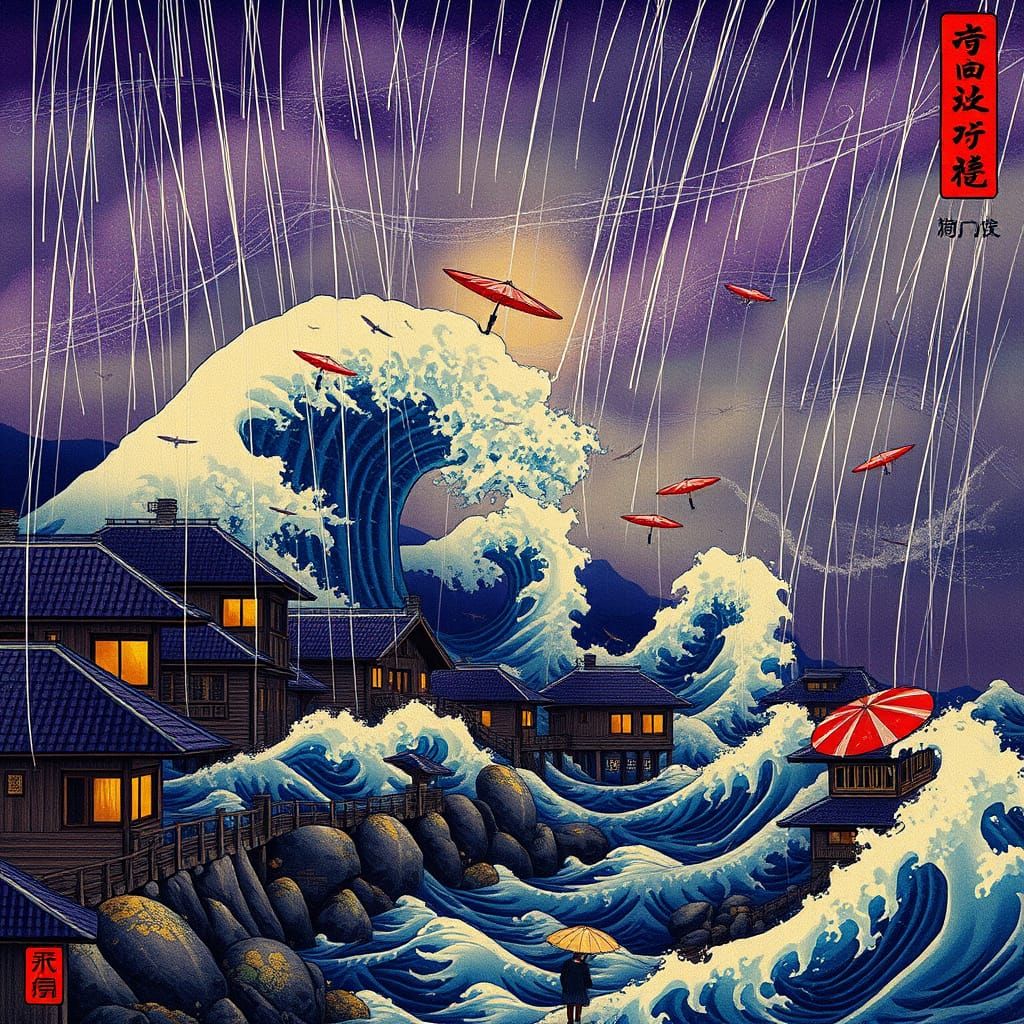 Ukiyo-e Tempest: Umbrellas Soaring in Coastal Storm